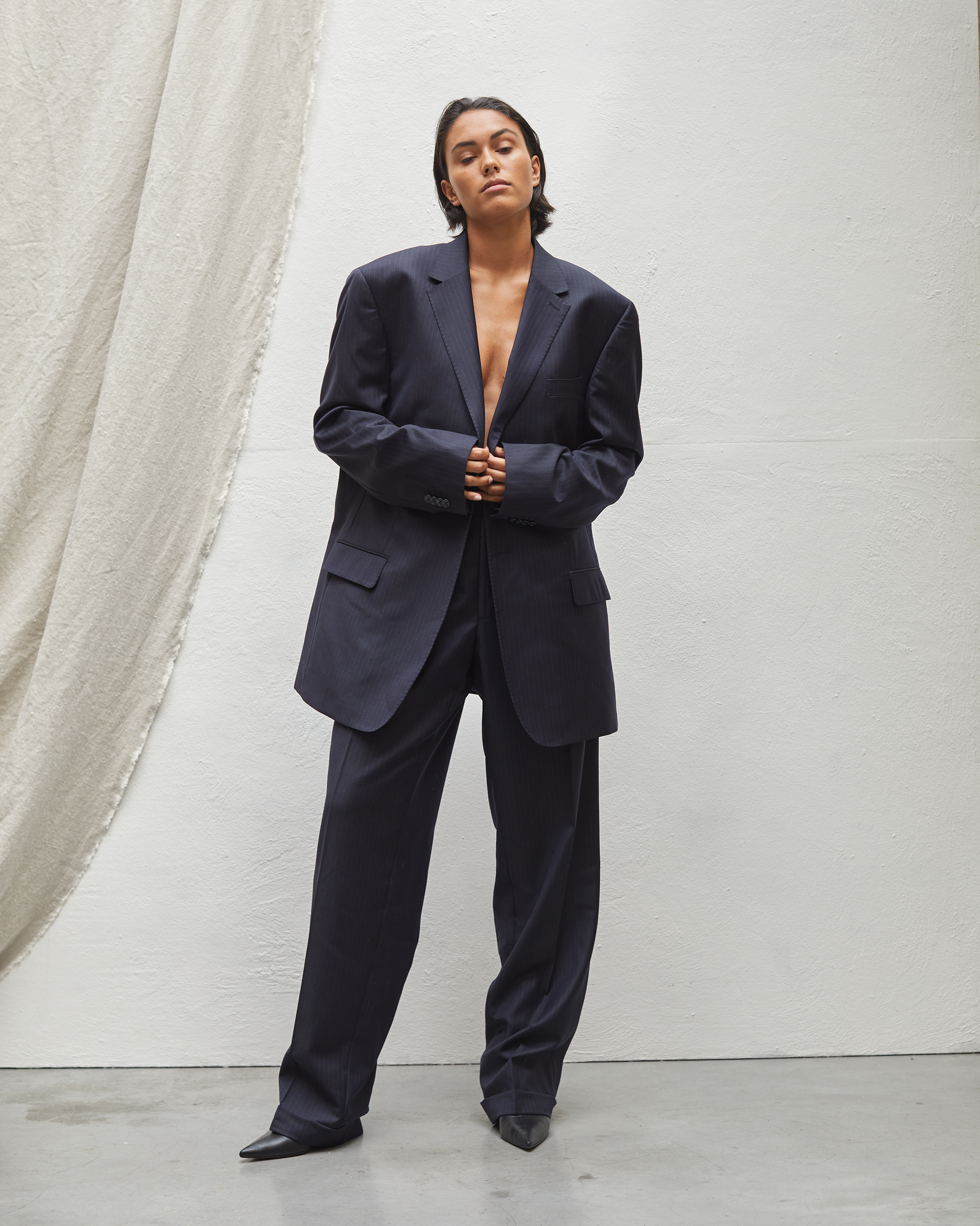 Maria M.- Navy blue pinstripe oversized suit (extra long) size L/XL